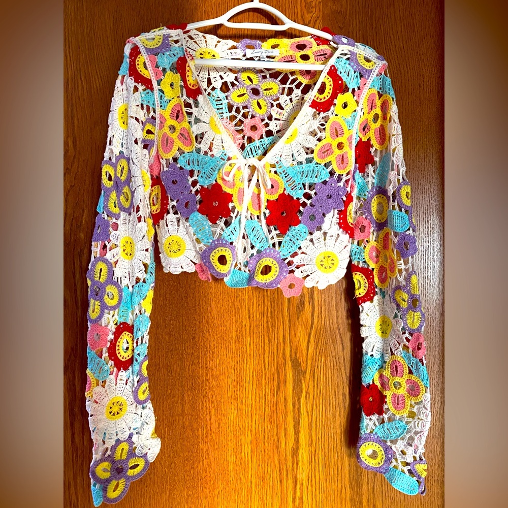Crochet floral front tie bolero cropped cardigan